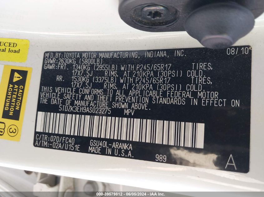 2010 Toyota Highlander Base V6 VIN: 5TDZK3EH9AS023275 Lot: 39579812