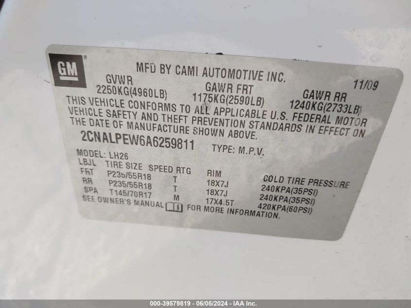 2010 Chevrolet Equinox Lt VIN: 2CNALPEW6A6259811 Lot: 39579819