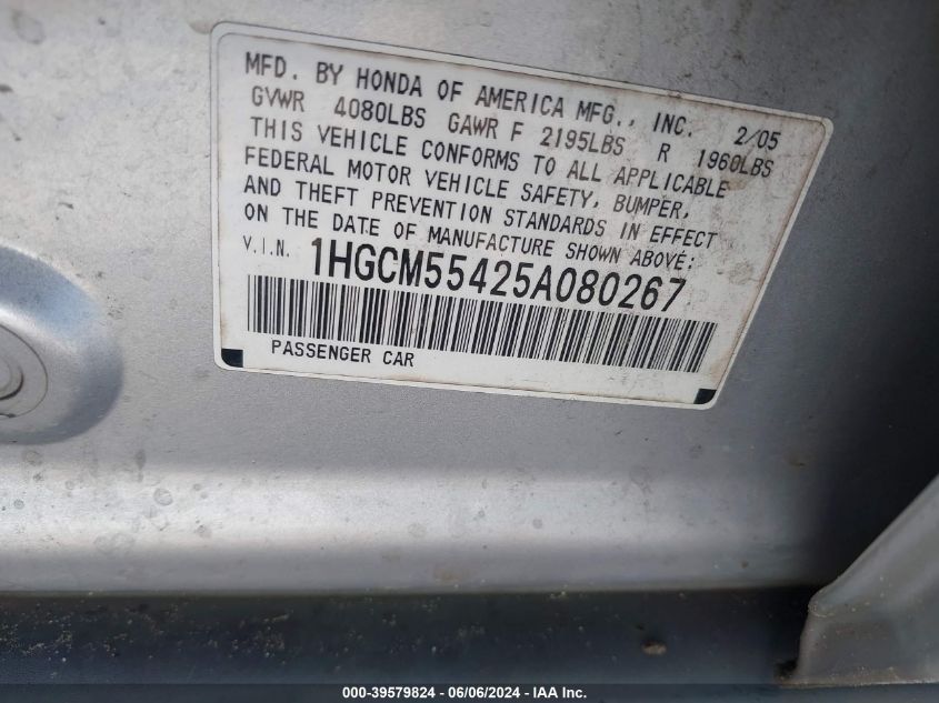 2005 Honda Accord 2.4 Lx VIN: 1HGCM55425A080267 Lot: 39579824