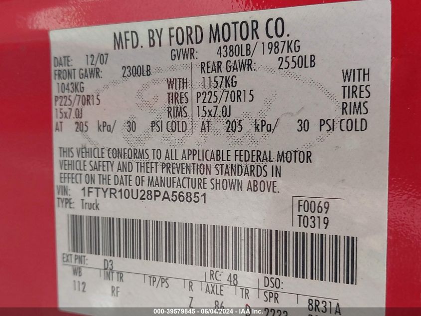 2008 Ford Ranger Sport/Xl/Xlt VIN: 1FTYR10U28PA56851 Lot: 39579845