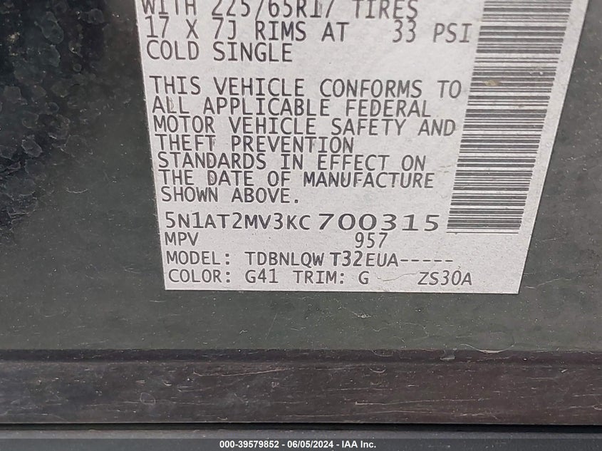 2019 Nissan Rogue Sv VIN: 5N1AT2MV3KC700315 Lot: 39579852