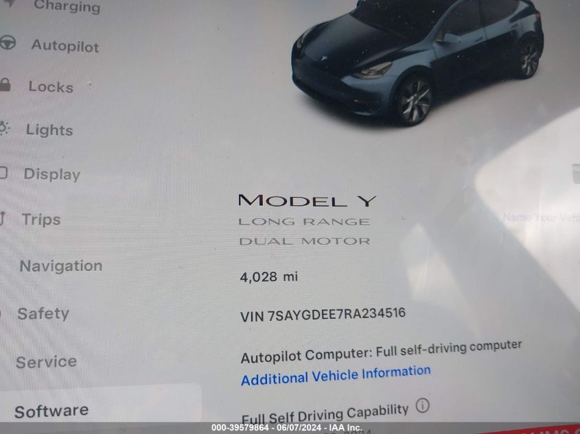 2024 Tesla Model Y Long Range Dual Motor All-Wheel Drive VIN: 7SAYGDEE7RA234516 Lot: 39579864