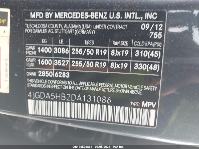 2013 Mercedes-Benz Ml 350 4Matic VIN: 4JGDA5HB2DA131086 Lot: 39579866