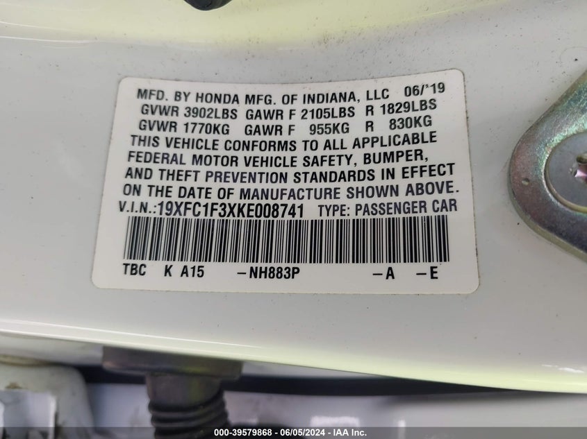 VIN 19XFC1F3XKE008741 2019 HONDA CIVIC EX