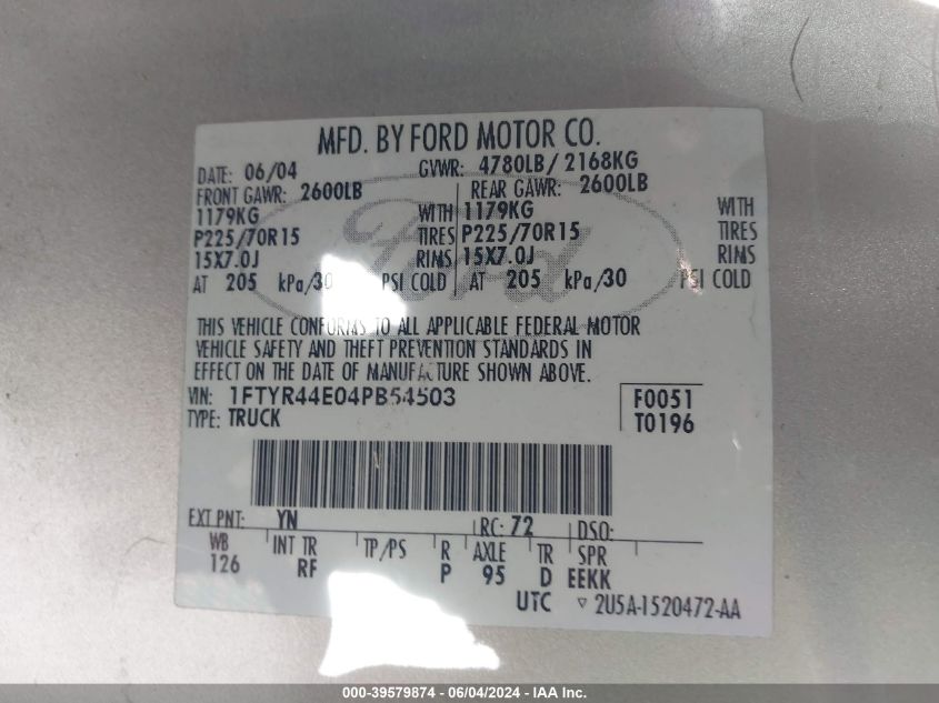 2004 Ford Ranger Xlt VIN: 1FTYR44E04PB54503 Lot: 39579874