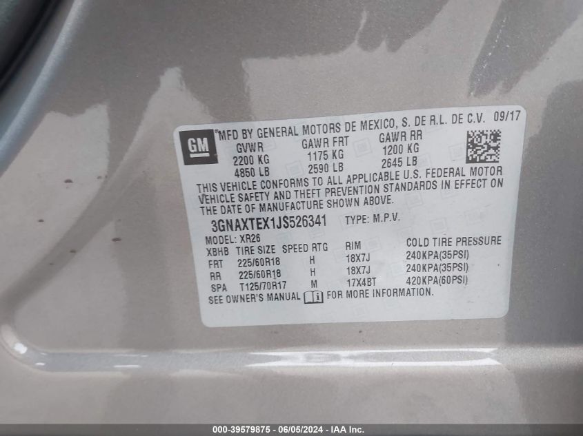 2018 Chevrolet Equinox Lt VIN: 3GNAXTEX1JS526341 Lot: 39579875