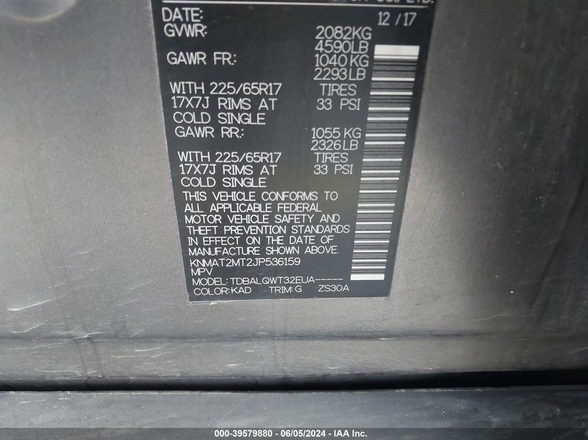 2018 Nissan Rogue Sv VIN: KNMAT2MT2JP536159 Lot: 39579880