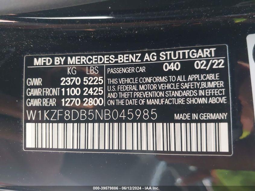 W1KZF8DB5NB045985 2022 Mercedes-Benz E 350