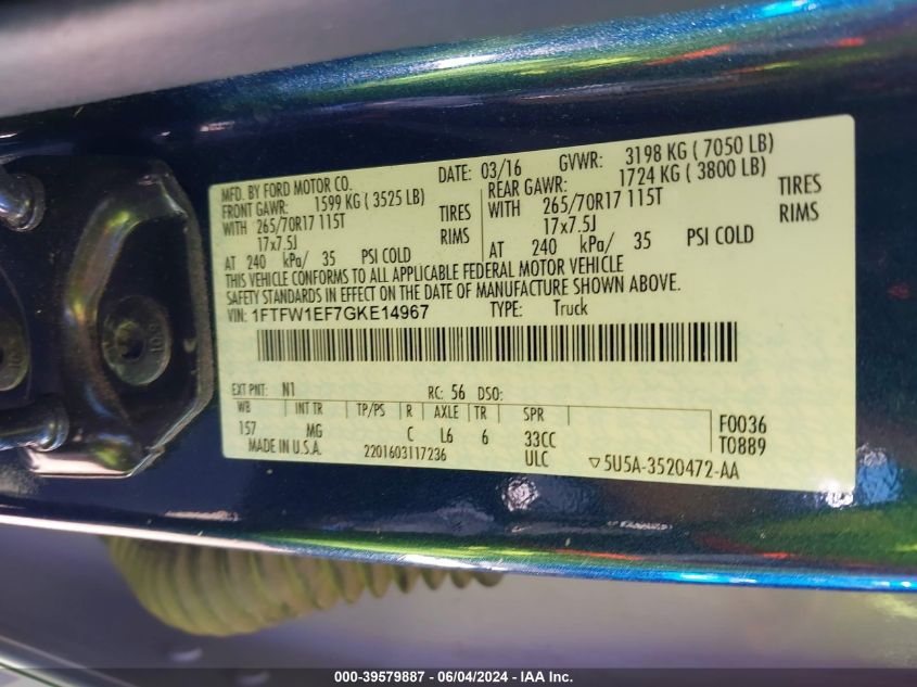 2016 Ford F-150 Xlt VIN: 1FTFW1EF7GKE14967 Lot: 39579887