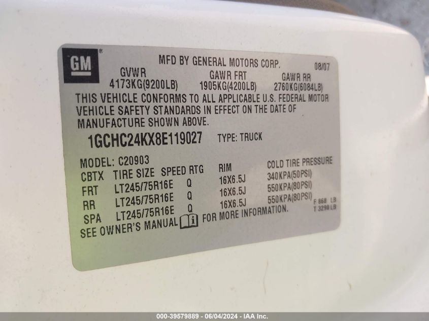 2008 Chevrolet Silverado 2500Hd Work Truck VIN: 1GCHC24KX8E119027 Lot: 39579889