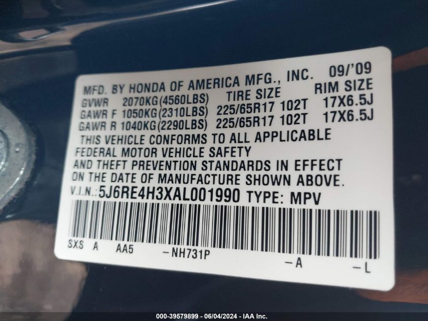 2010 Honda Cr-V Lx VIN: 5J6RE4H3XAL001990 Lot: 39579899