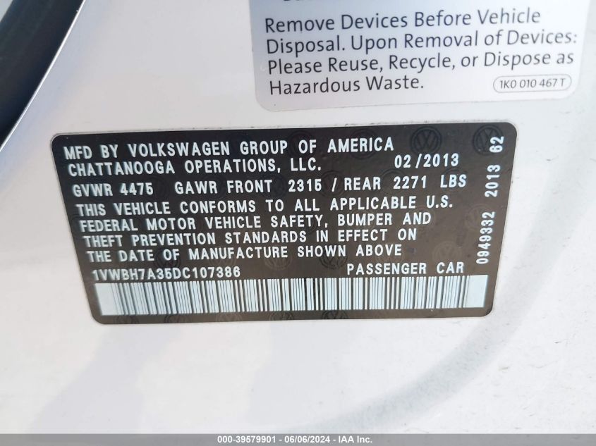 2013 Volkswagen Passat 2.5L Se VIN: 1VWBH7A35DC107386 Lot: 39579901