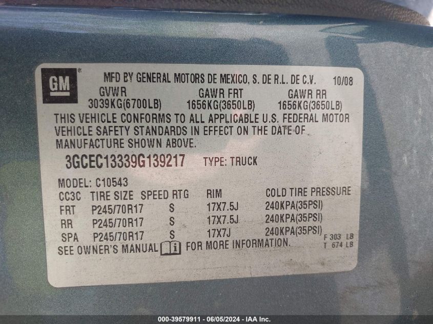 2009 Chevrolet Silverado 1500 Xtra Fuel Economy VIN: 3GCEC13339G139217 Lot: 39579911