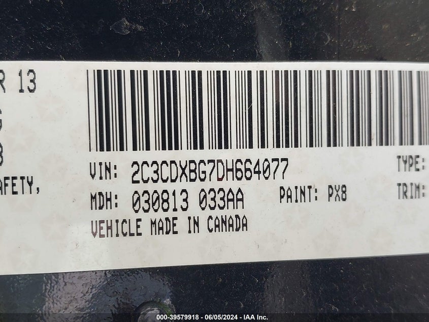 2013 Dodge Charger Se VIN: 2C3CDXBG7DH664077 Lot: 39579918