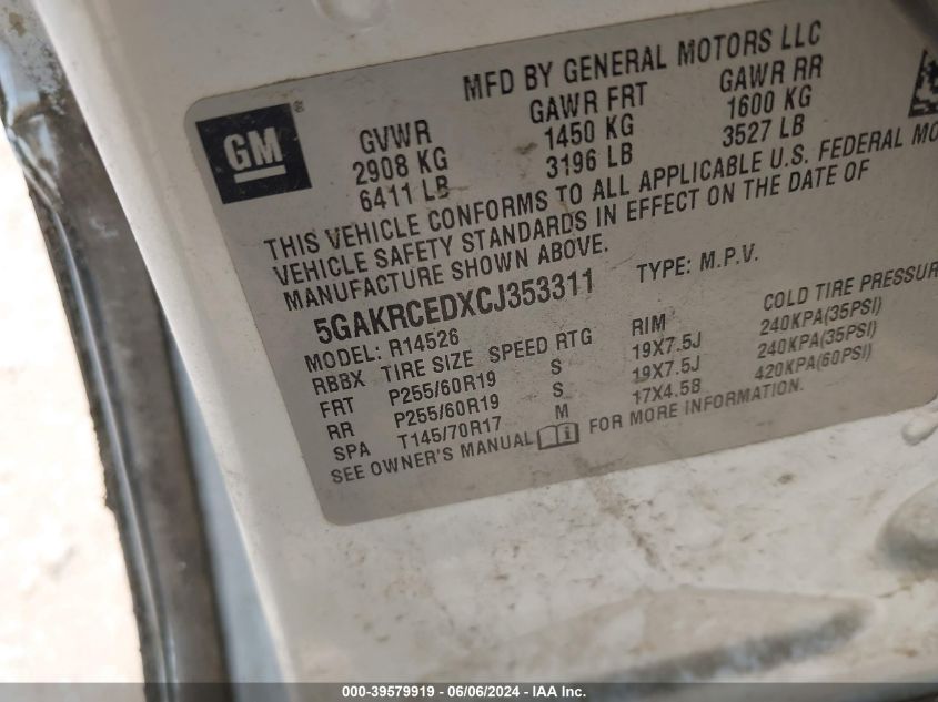 2012 Buick Enclave Leather VIN: 5GAKRCEDXCJ353311 Lot: 39579919