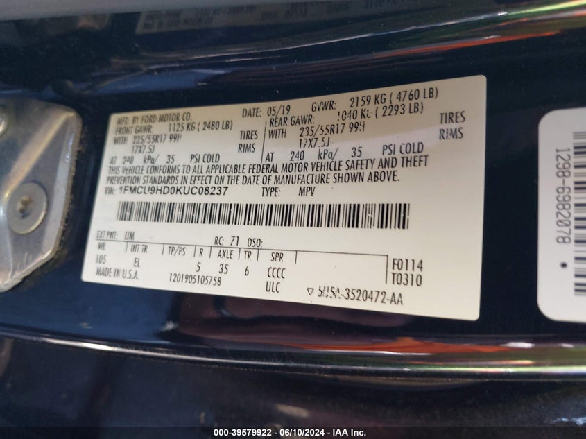 VIN 1FMCU9HD0KUC08237 2019 FORD ESCAPE SEL