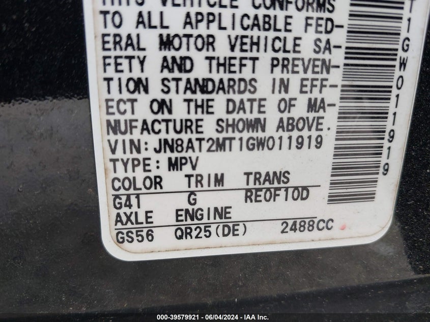 2016 Nissan Rogue S VIN: JN8AT2MT1GW011919 Lot: 39579921