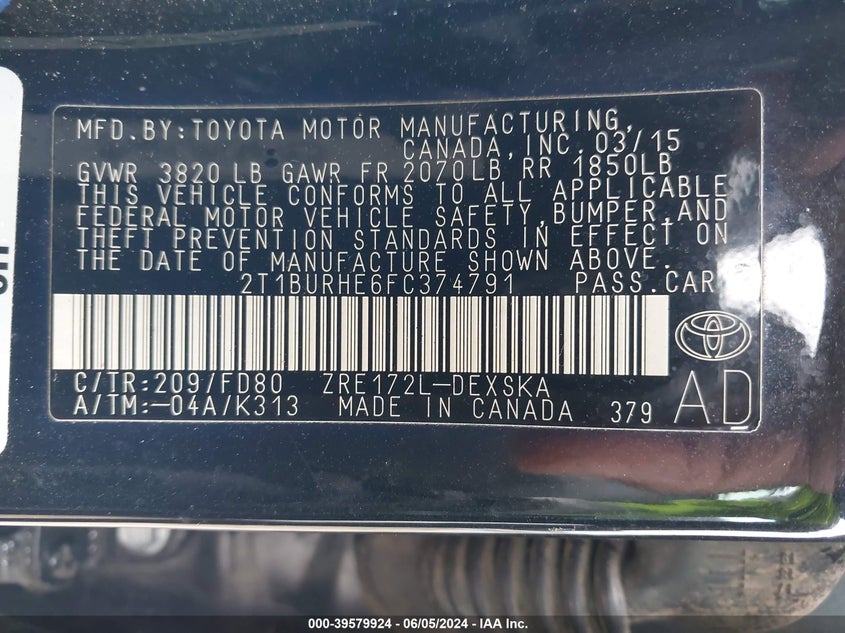 2015 Toyota Corolla S Plus VIN: 2T1BURHE6FC374791 Lot: 39579924