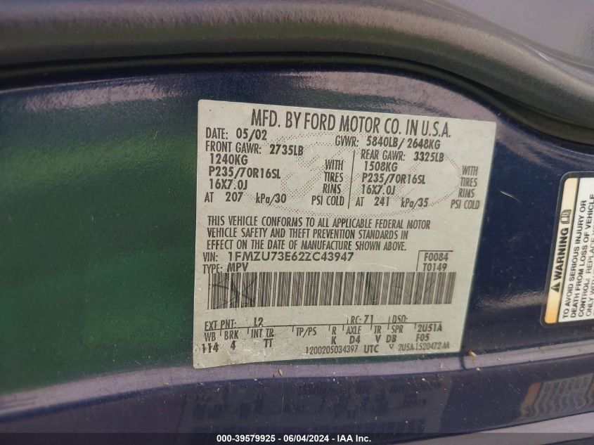 2002 Ford Explorer Xlt VIN: 1FMZU73E62ZC43947 Lot: 39579925