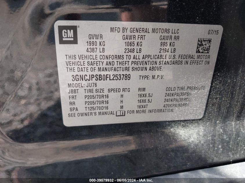 2015 Chevrolet Trax 1Ls VIN: 3GNCJPSB0FL253789 Lot: 39579932