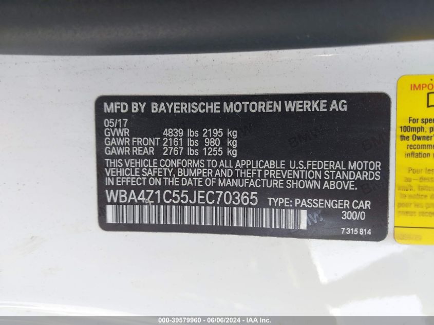 2018 BMW 430I VIN: WBA4Z1C55JEC70365 Lot: 39579960