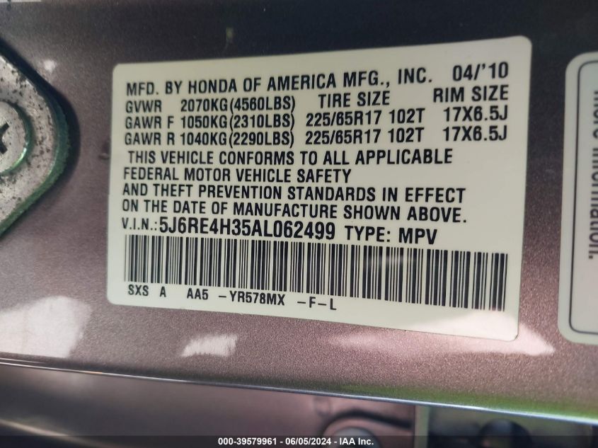 2010 Honda Cr-V Lx VIN: 5J6RE4H35AL062499 Lot: 39579961