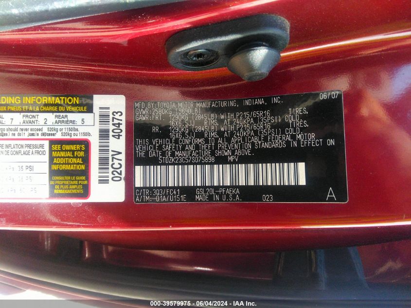 2007 Toyota Sienna Le VIN: 5TDZK23C57S075898 Lot: 39579975