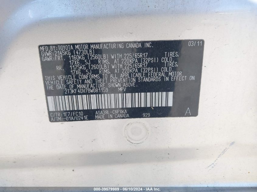 2011 Toyota Rav4 VIN: 2T3KF4DV7BW081159 Lot: 39579989