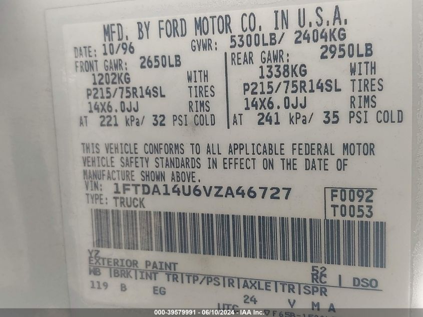 1997 Ford Aerostar Standard VIN: 1FTDA14U6VZA46727 Lot: 39579991