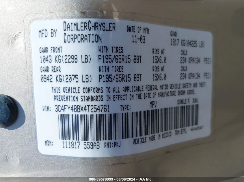 2004 Chrysler Pt Cruiser VIN: 3C4FY48BX4T254761 Lot: 39579999