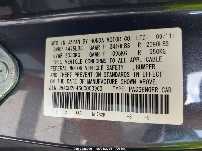 2012 Acura Tsx 2.4 VIN: JH4CU2F46CC003963 Lot: 39580001