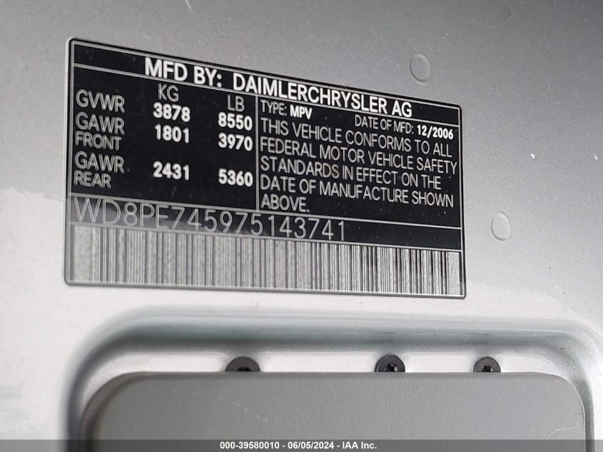 2007 Dodge Sprinter Wagon 2500 VIN: WD8PE745975143741 Lot: 39580010