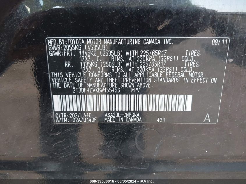 2011 Toyota Rav4 Limited VIN: 2T3DF4DVXBW155456 Lot: 39580016