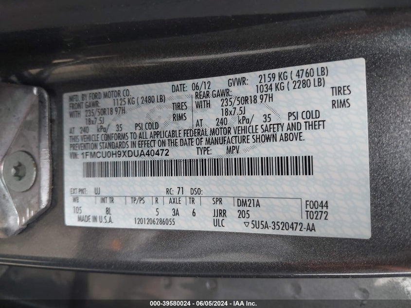 2013 Ford Escape Sel VIN: 1FMCU0H9XDUA40472 Lot: 39580024