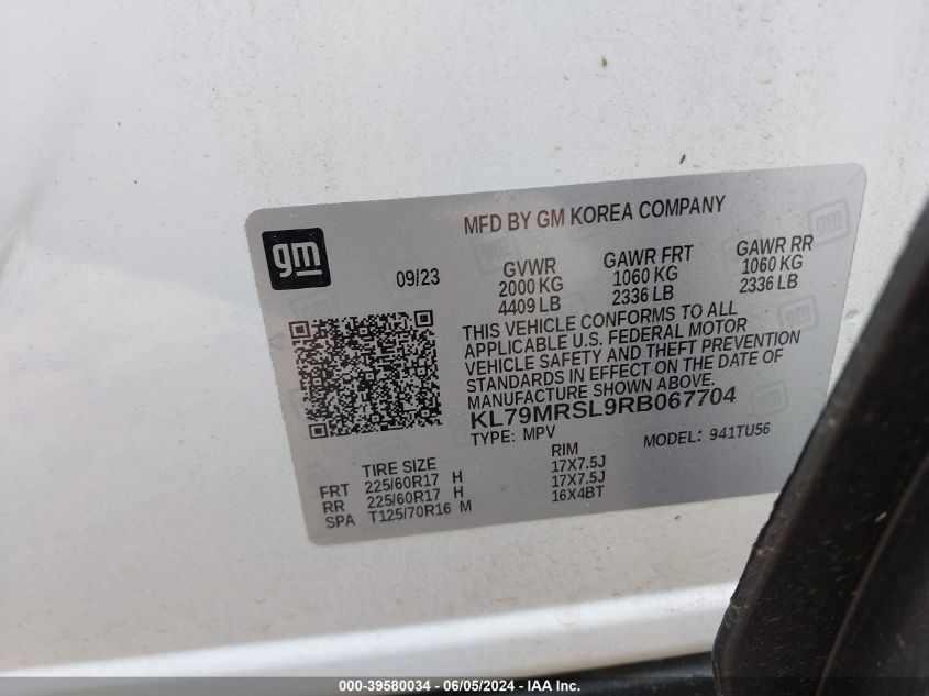 2024 Chevrolet Trailblazer Awd Lt VIN: KL79MRSL9RB067704 Lot: 39580034