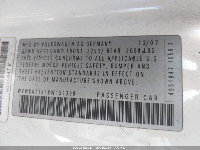 2008 Volkswagen Rabbit S VIN: WVWBA71K18W191399 Lot: 39580037