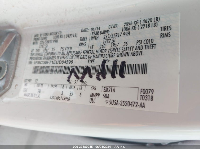 2014 Ford Escape S VIN: 1FMCU0F71EUD84596 Lot: 39580045