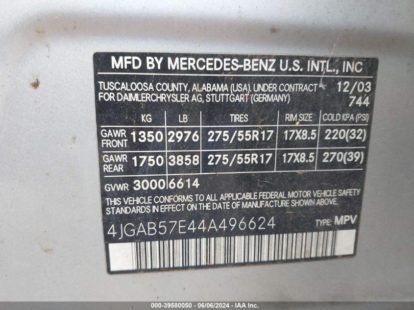 2004 Mercedes-Benz Ml 350 4Matic VIN: 4JGAB57E44A496624 Lot: 39580050