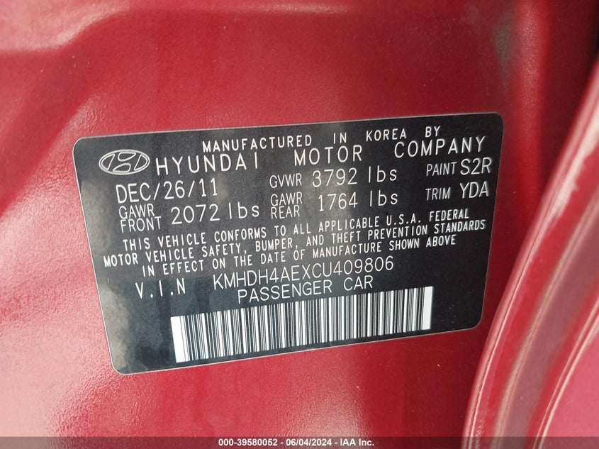 2012 Hyundai Elantra Gls (Ulsan Plant) VIN: KMHDH4AEXCU409806 Lot: 39580052