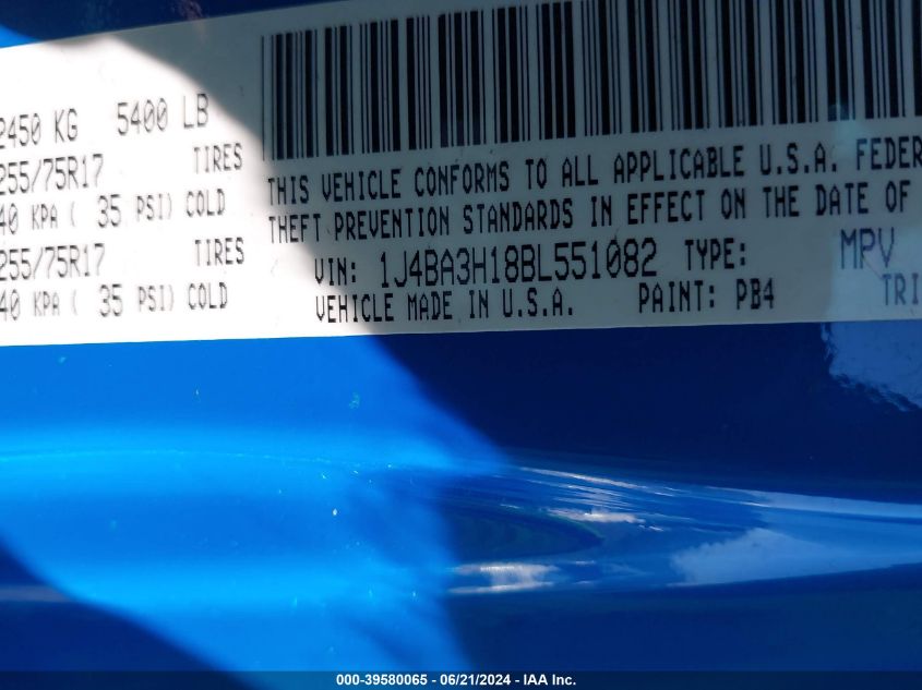 2011 Jeep Wrangler Unlimited Sport VIN: 1J4BA3H18BL551082 Lot: 39580065