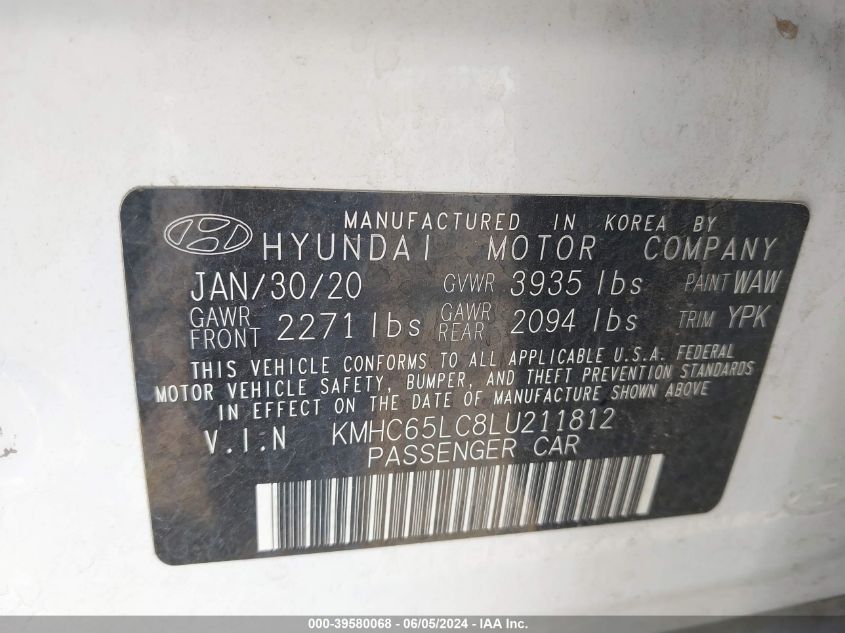 2020 Hyundai Ioniq Hybrid Blue VIN: KMHC65LC8LU211812 Lot: 39580068