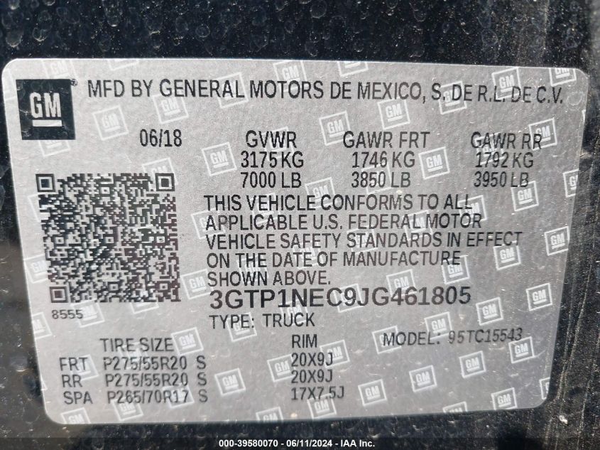 2018 GMC Sierra 1500 Slt VIN: 3GTP1NEC9JG461805 Lot: 39580070
