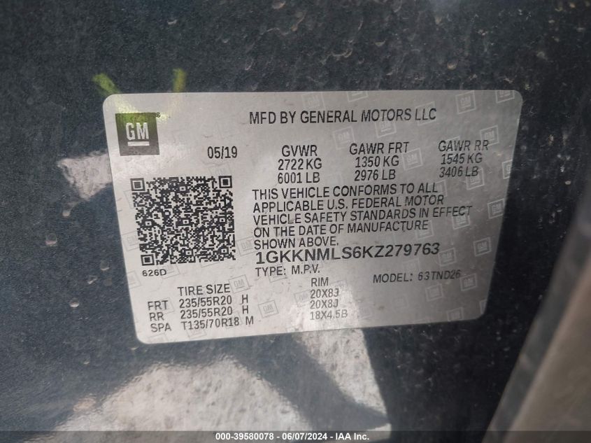 2019 GMC Acadia Slt-1 VIN: 1GKKNMLS6KZ279763 Lot: 39580078