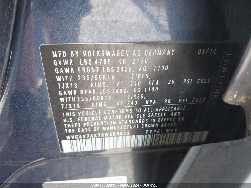 2011 Volkswagen Tiguan VIN: VWGAV7AX7BW550043 Lot: 39580099