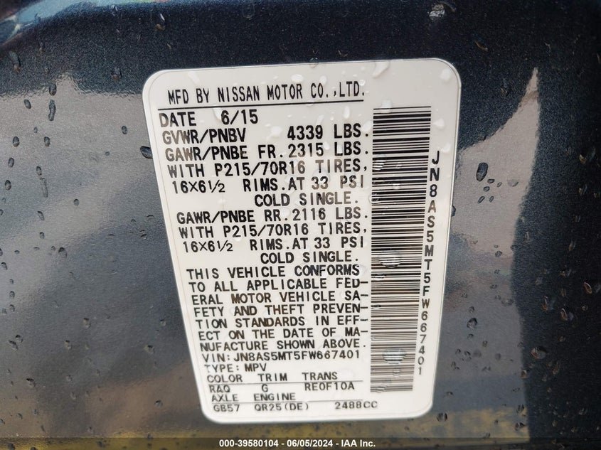 2015 Nissan Rogue Select S VIN: JN8AS5MT5FW667401 Lot: 39580104