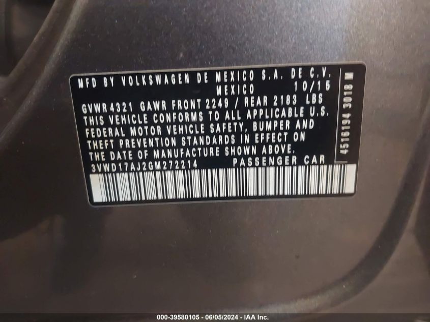 2016 Volkswagen Jetta 1.8T Sport VIN: 3VWD17AJ2GM272214 Lot: 39580105