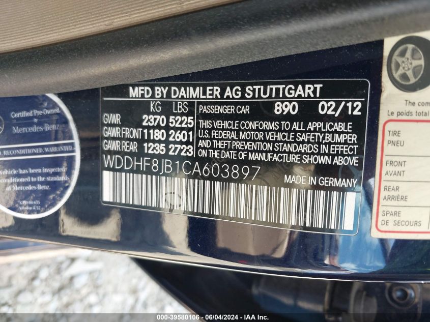 2012 Mercedes-Benz E 350 4Matic VIN: WDDHF8JB1CA603897 Lot: 39580106