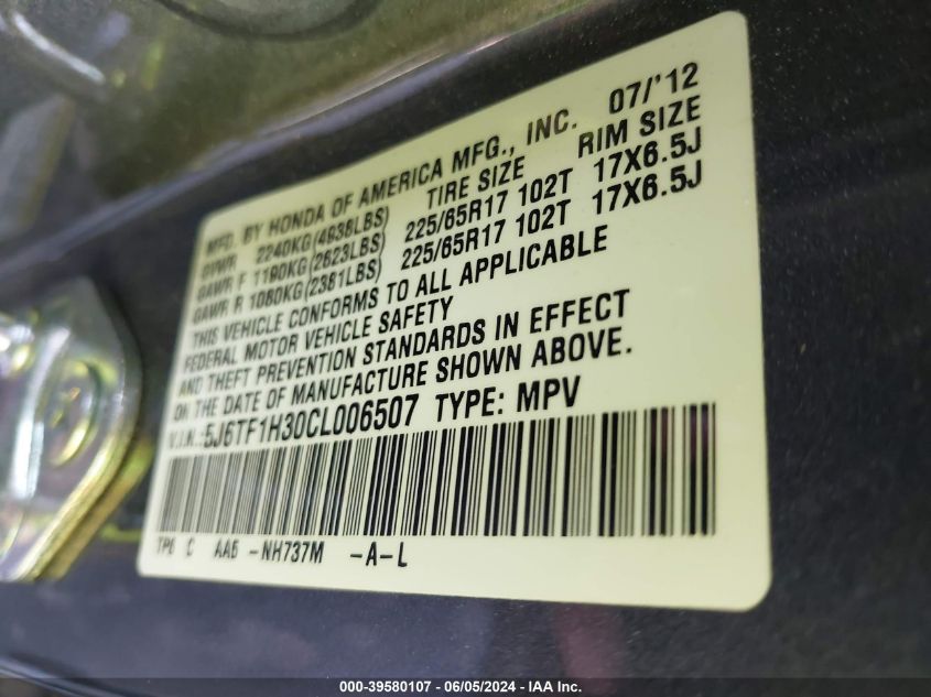 2012 Honda Crosstour Ex VIN: 5J6TF1H30CL006507 Lot: 39580107