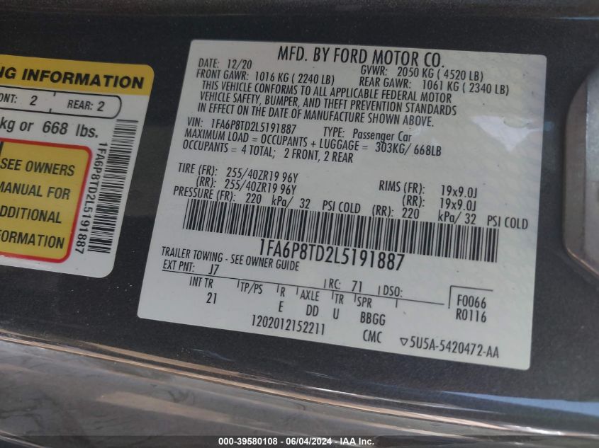 2020 Ford Mustang Ecoboost Fastback VIN: 1FA6P8TD2L5191887 Lot: 39580108
