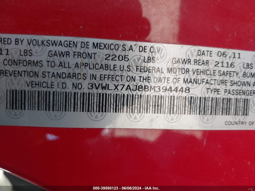 2011 Volkswagen Jetta 2.5L Sel VIN: 3VWLX7AJ8BM394448 Lot: 39580123